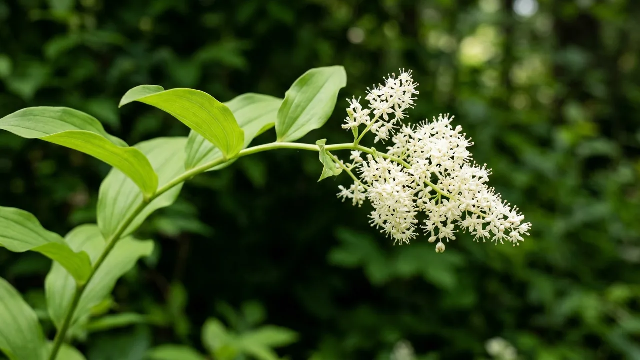 False Solomon's Seal (Maianthemum racemosum) - white flowers, illustrated plant card