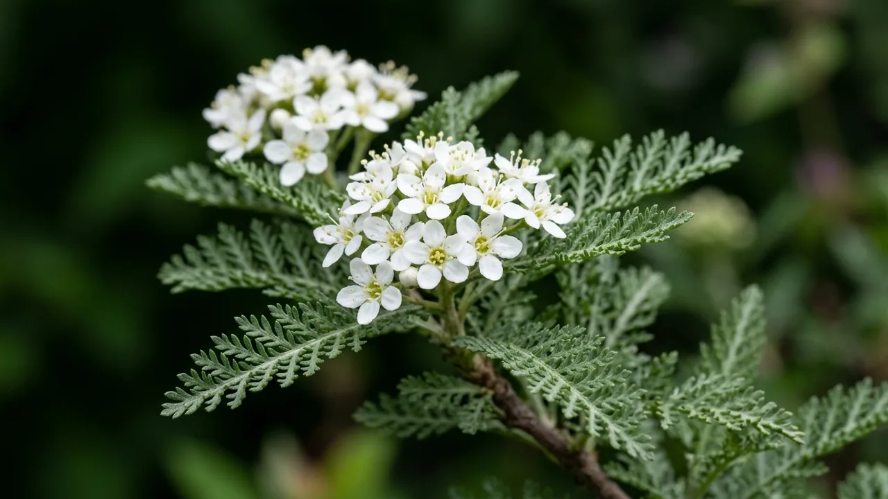 Fernbush (Chamaebatiaria millefolium) - white flowers, illustrated plant card