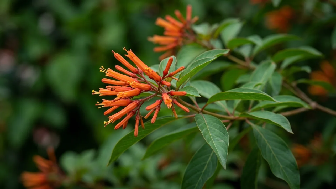 Firebush (Hamelia patens) - orange flowers, illustrated plant card