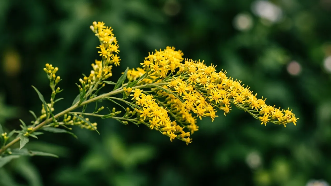 Fireworks Goldenrod (Solidago rugosa 'Fireworks') - yellow flowers, illustrated plant card