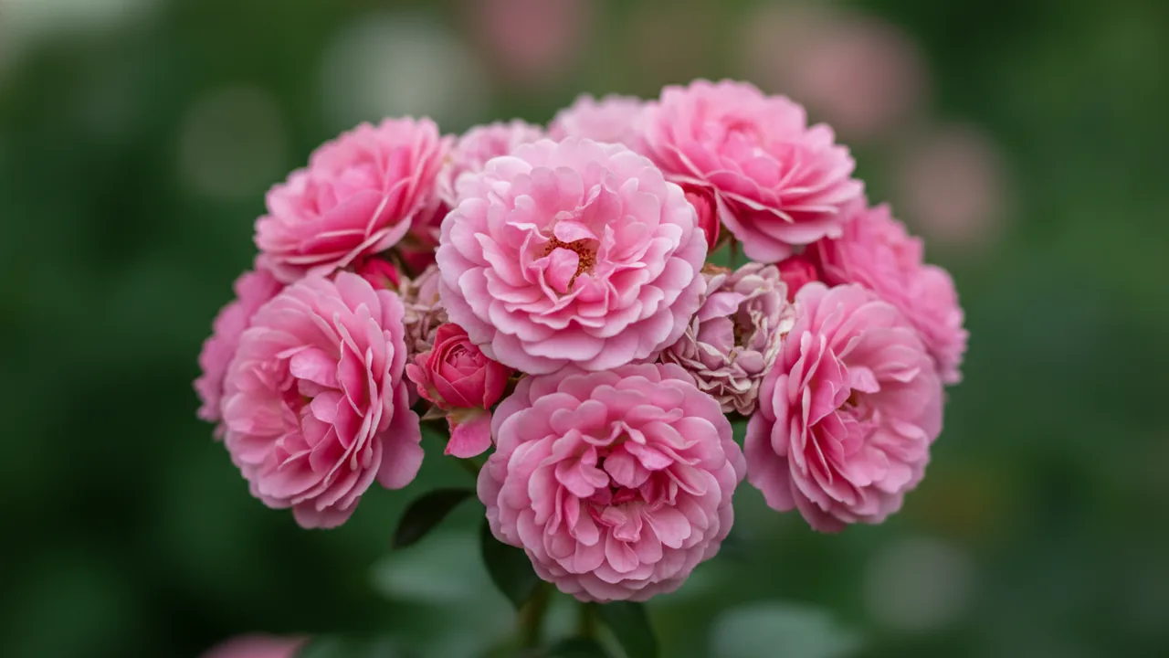 Floribunda Rose (Rosa) - pink flowers, illustrated plant card