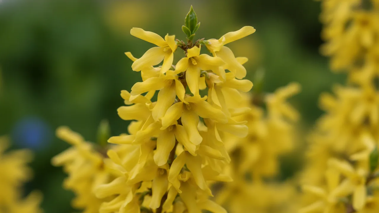 Fiesta (Forsythia × intermedia 'Fiesta') - yellow flowers, illustrated plant card
