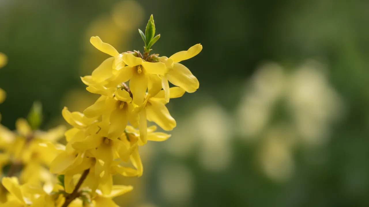 Gold Tide (Forsythia × intermedia 'Gold Tide') - yellow flowers, illustrated plant card