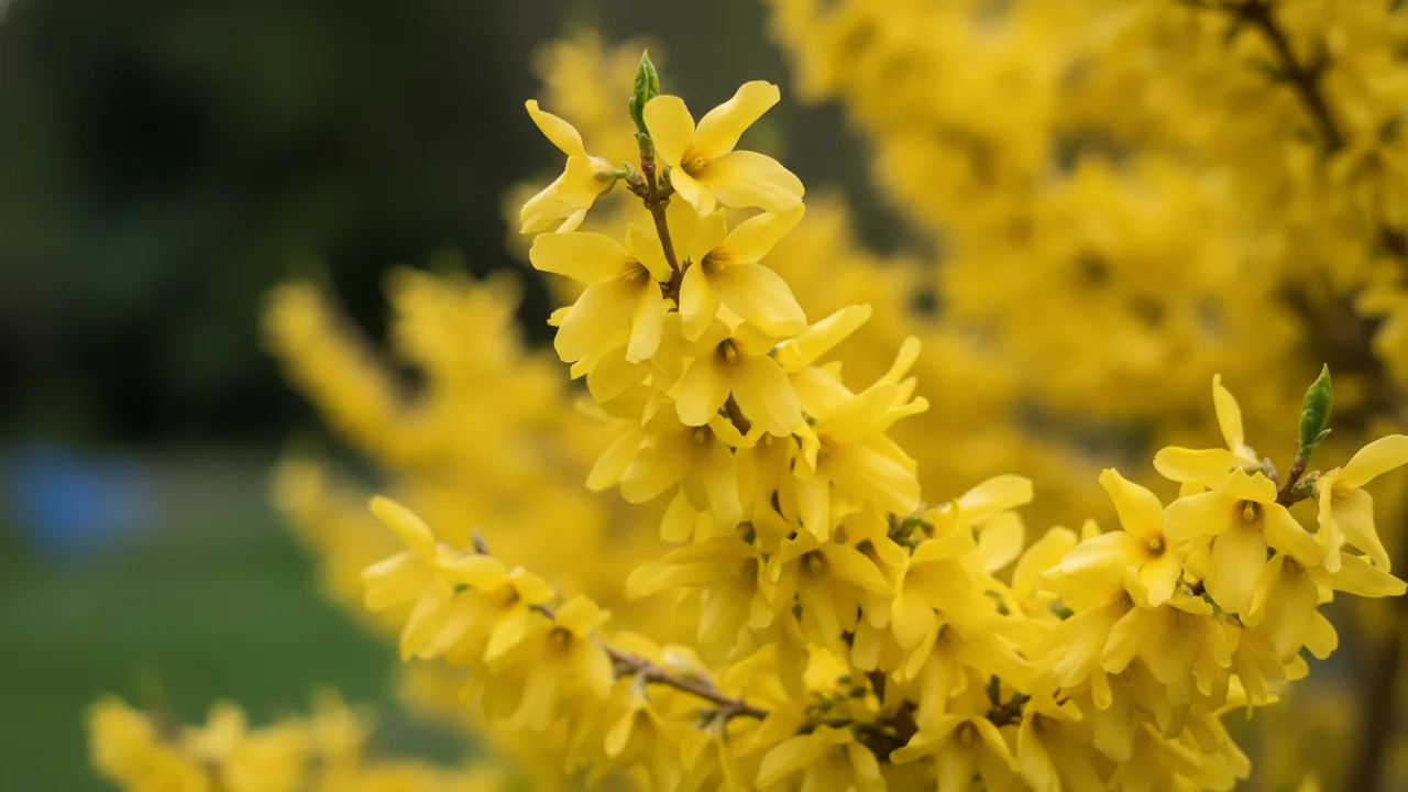 Lynwood Gold (Forsythia × intermedia 'Lynwood Gold') - yellow flowers, illustrated plant card
