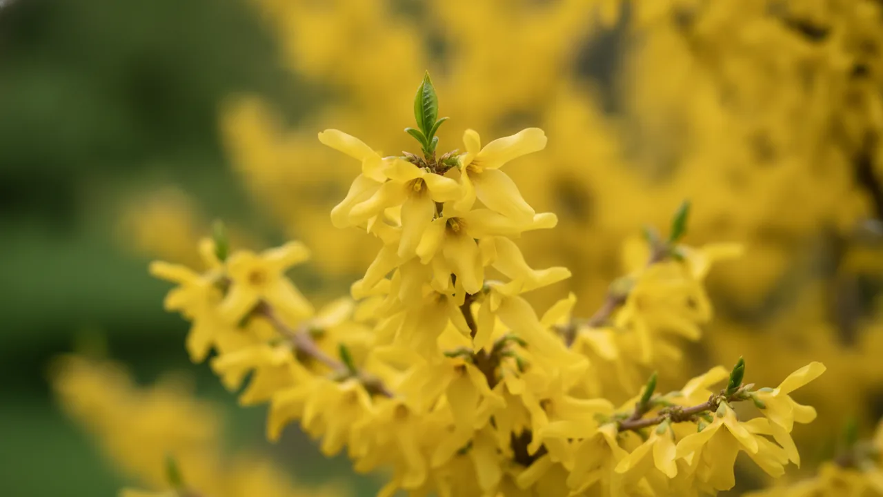 Magical Gold (Forsythia × intermedia 'Kolgold') - yellow flowers, illustrated plant card