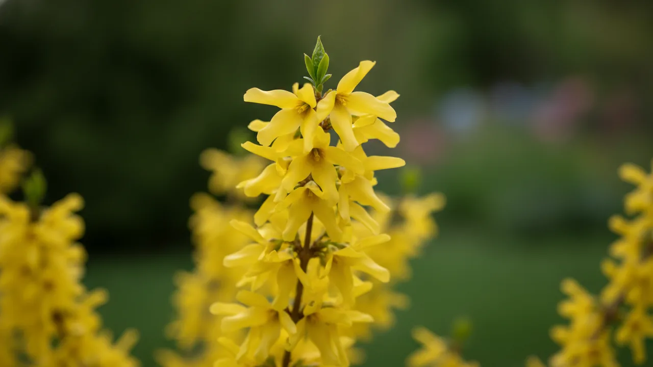 Northern Gold (Forsythia 'Northern Gold') - yellow flowers, illustrated plant card