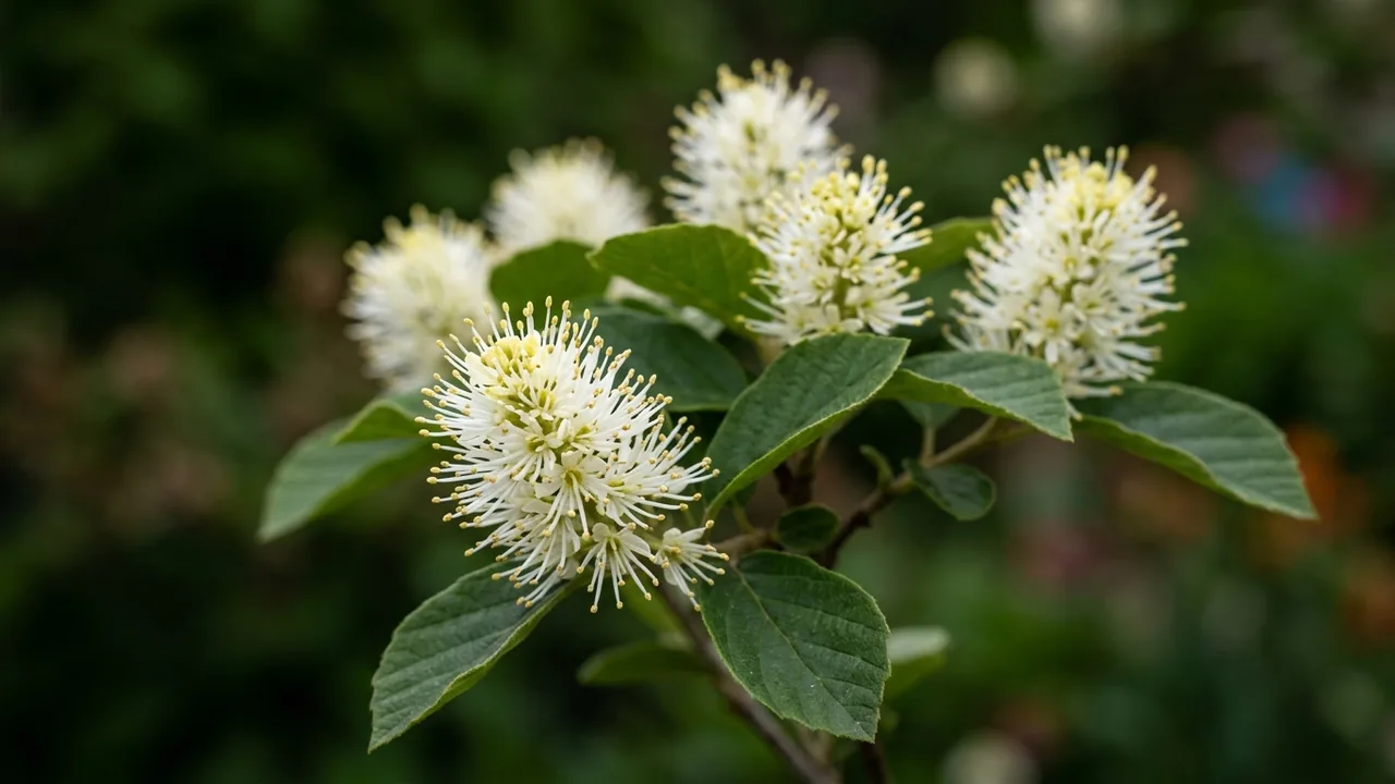 Mount Airy Fothergilla (Fothergilla × intermedia 'Mount Airy') - white flowers, illustrated plant card