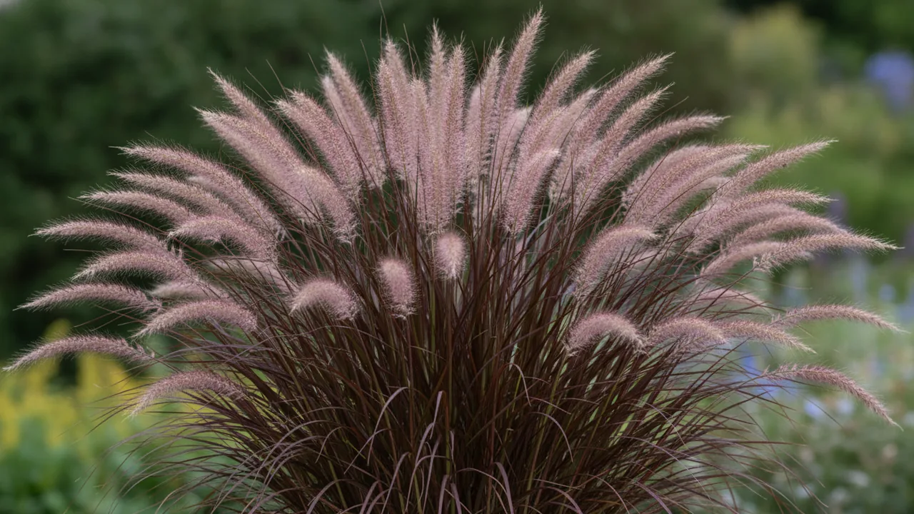 Purple Fountain Grass (Pennisetum setaceum 'Rubrum') - pink flowers, illustrated plant card