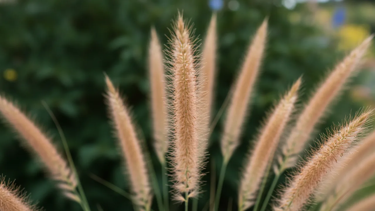 Fountain Grass (Pennisetum alopecuroides) - orange flowers, illustrated plant card