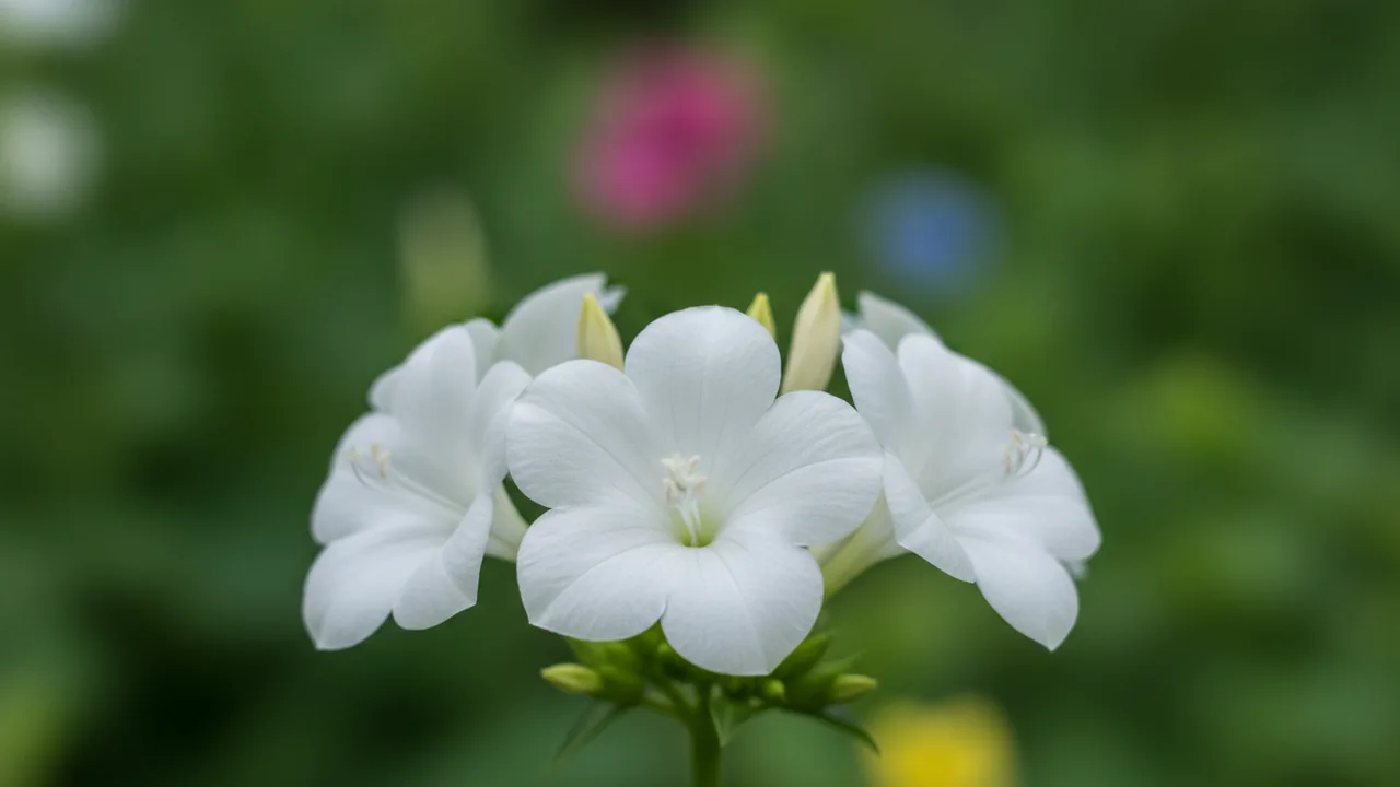White Four O'Clock (Mirabilis jalapa) - white flowers, illustrated plant card