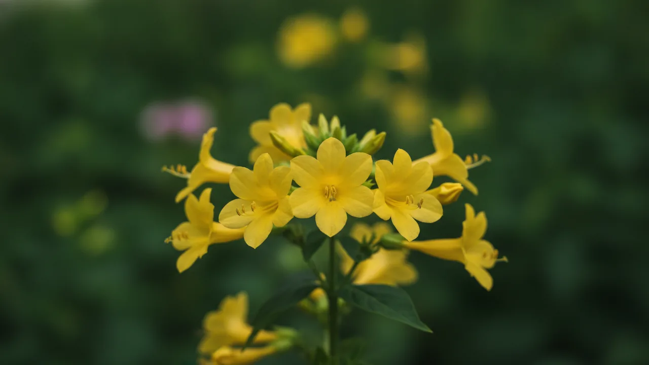 Yellow Four O'Clock (Mirabilis jalapa) - yellow flowers, illustrated plant card