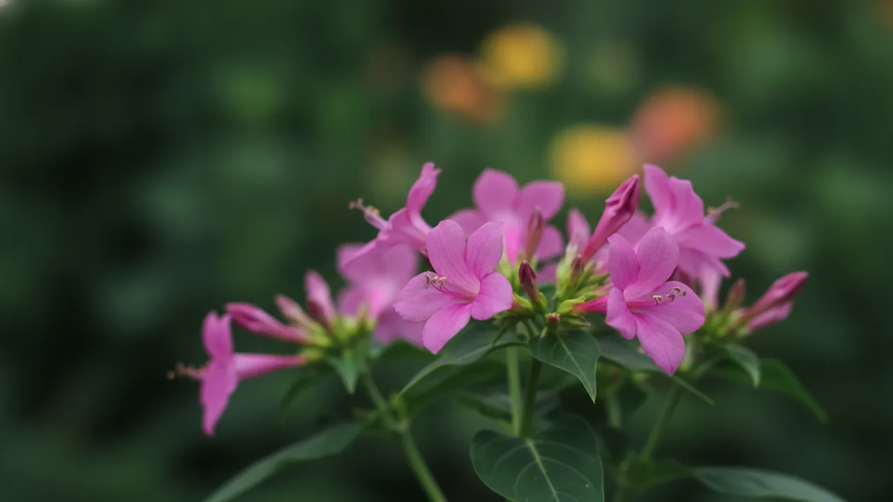 Four O'Clock (Mirabilis jalapa) - pink flowers, illustrated plant card