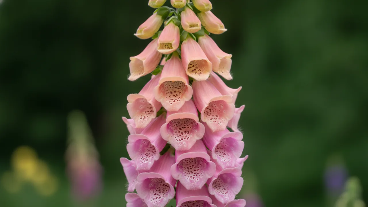 Dalmatian Peach (Digitalis purpurea 'Dalmatian Peach') - pink flowers, illustrated plant card