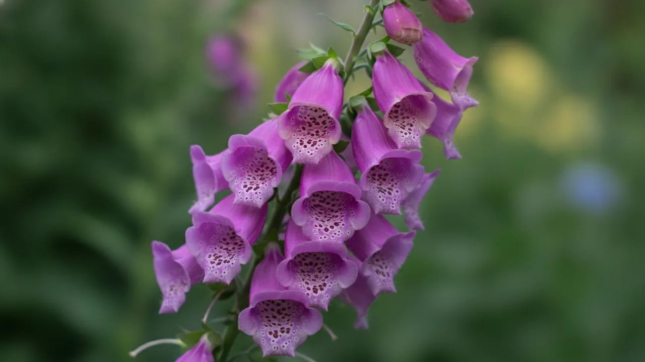 Dalmatian Purple (Digitalis purpurea 'Dalmatian Purple') - purple flowers, illustrated plant card