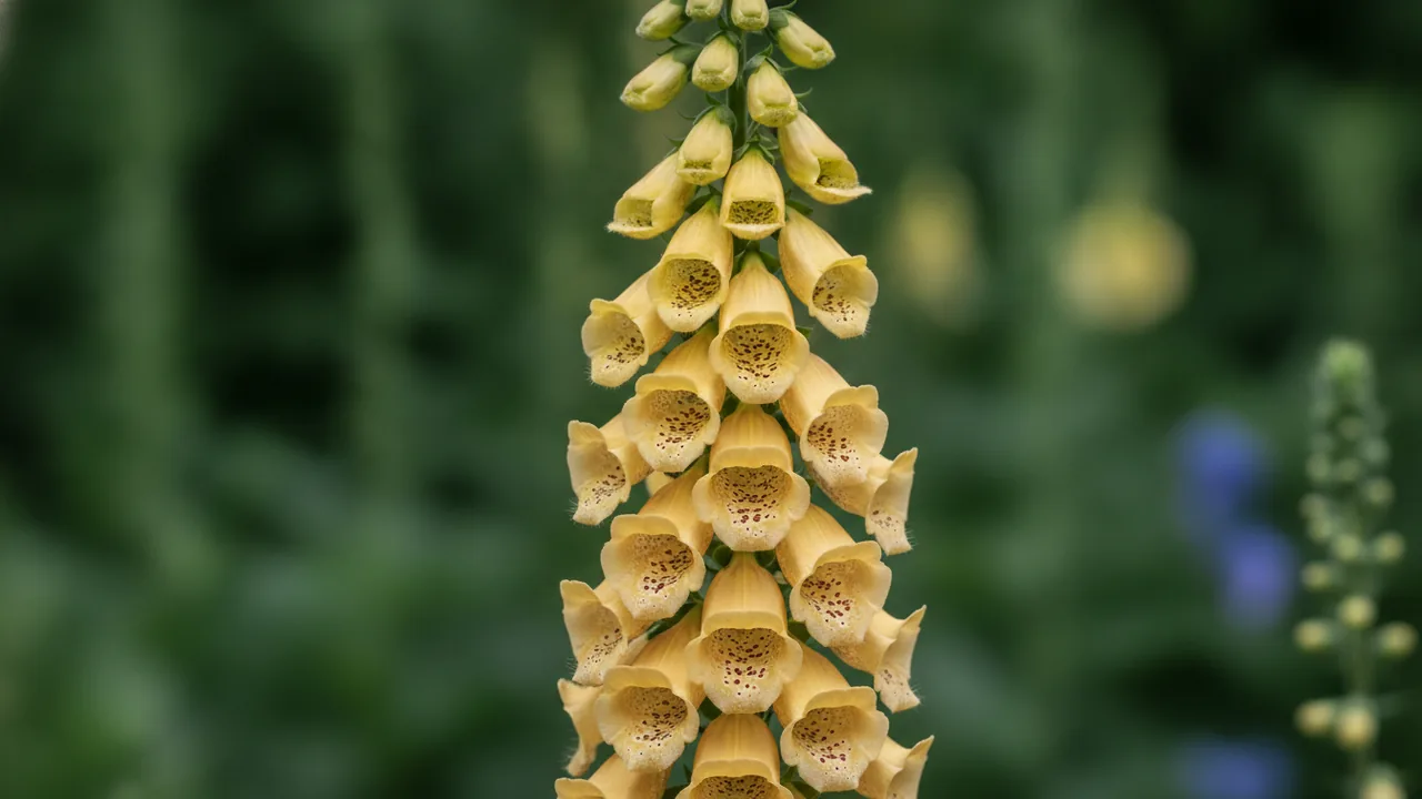 Yellow Foxglove (Digitalis grandiflora) - yellow flowers, illustrated plant card