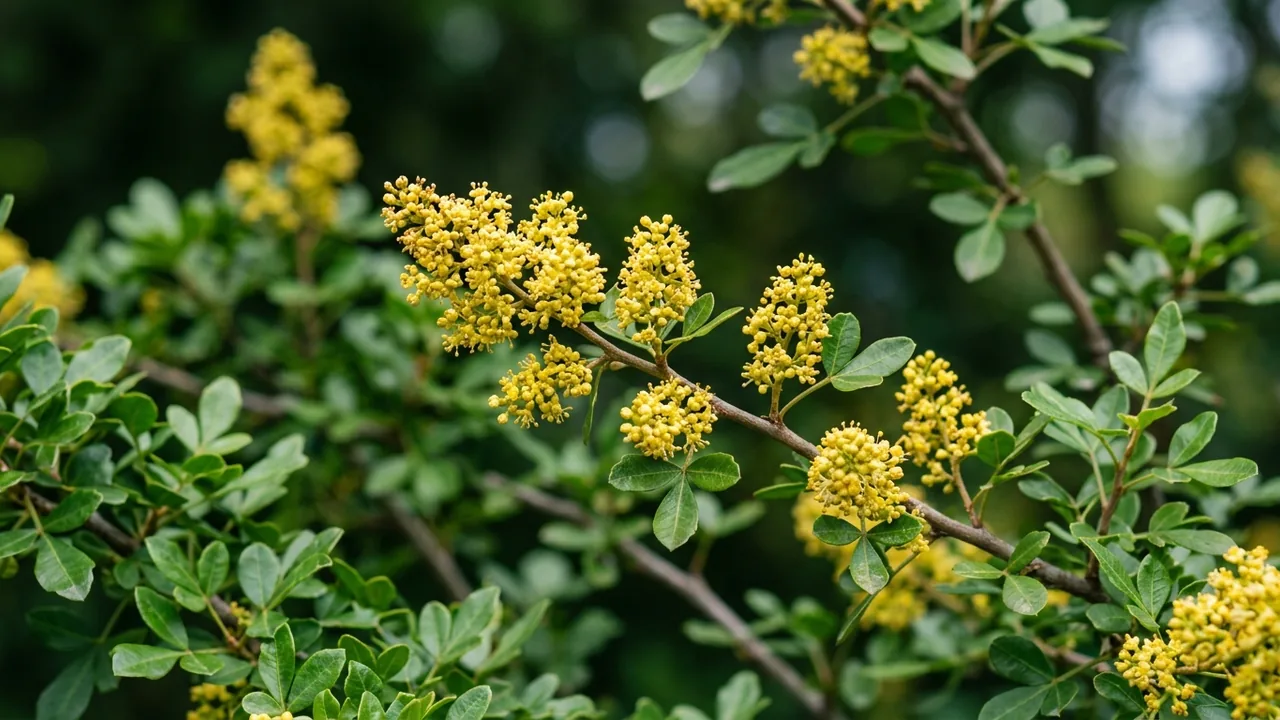 Fragrant Sumac (Rhus aromatica) - yellow flowers, illustrated plant card