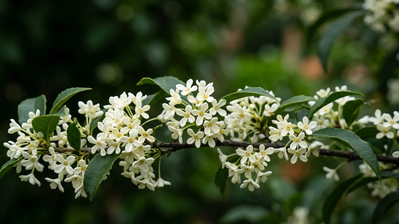 Fragrant Tea Olive (Osmanthus fragrans) - white flowers, illustrated plant card