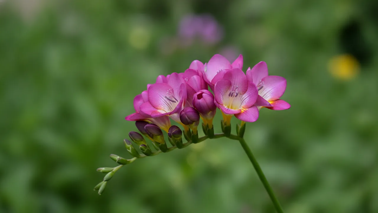 Pink Freesia (Freesia 'Pink') - pink flowers, illustrated plant card