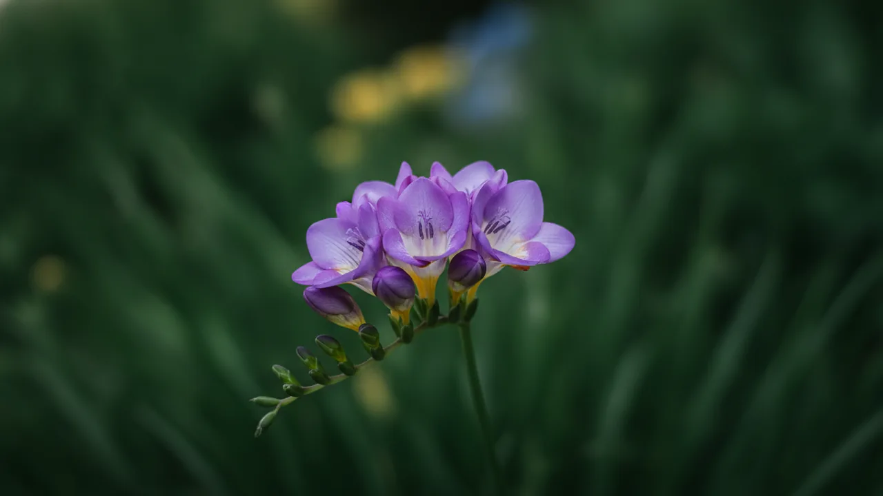 Purple Freesia (Freesia 'Purple Rain') - purple flowers, illustrated plant card