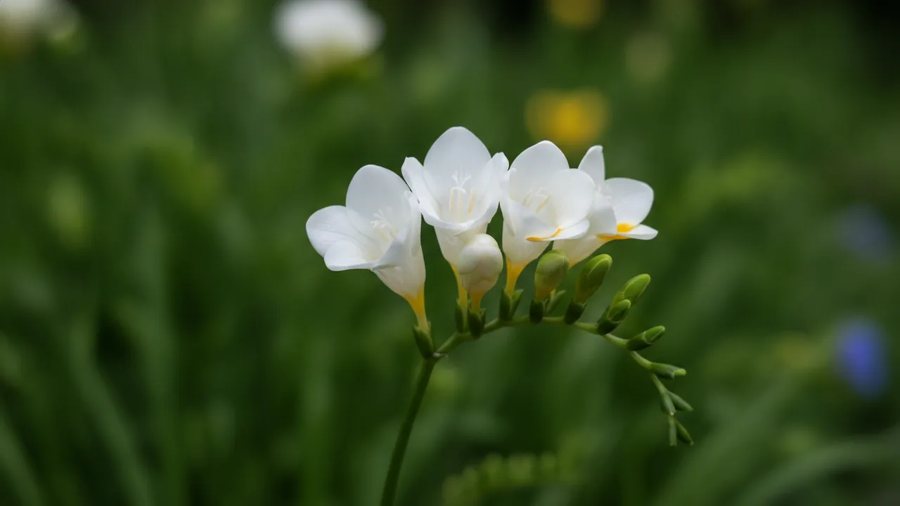 White Freesia (Freesia 'White') - white flowers, illustrated plant card