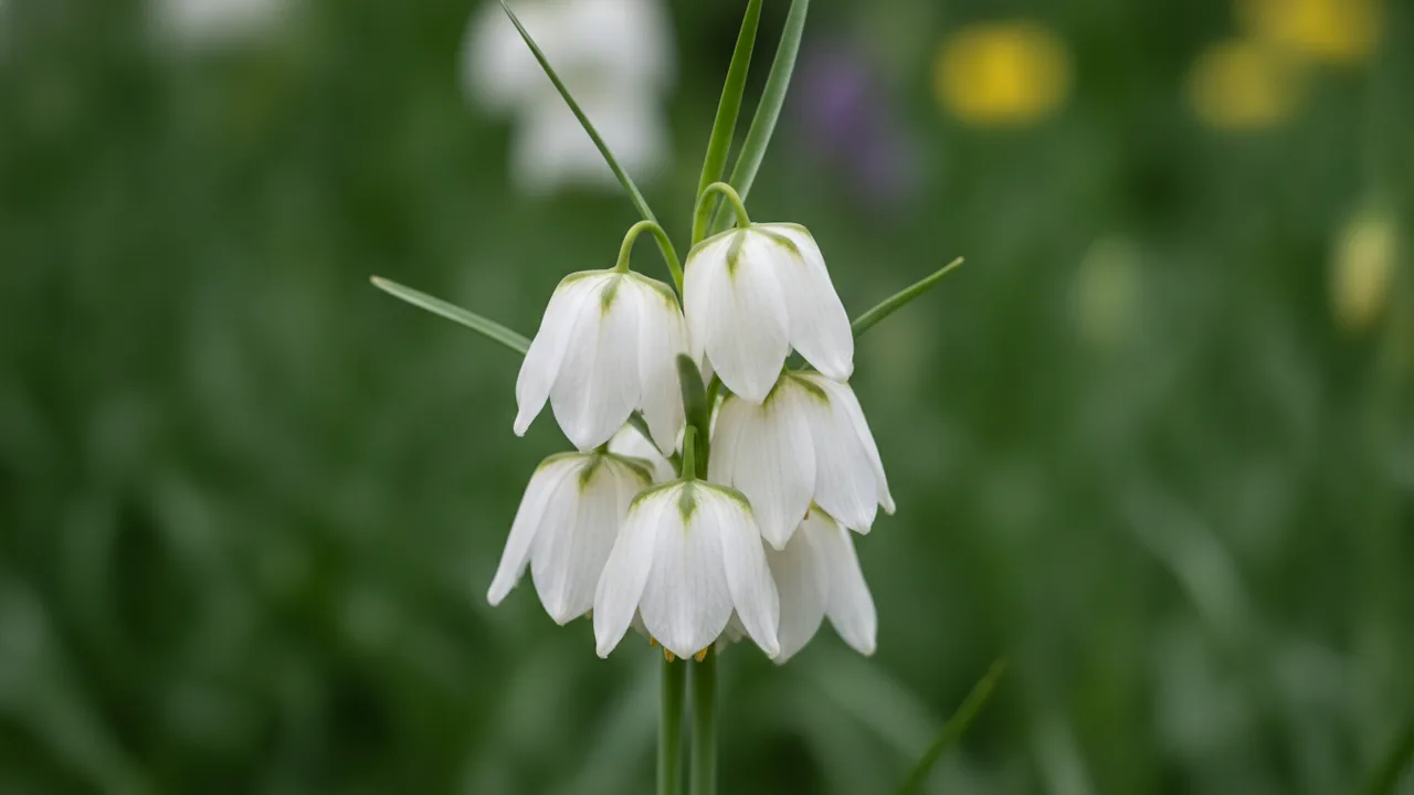 Checkered Lily Alba (Fritillaria meleagris 'Alba') - white flowers, illustrated plant card