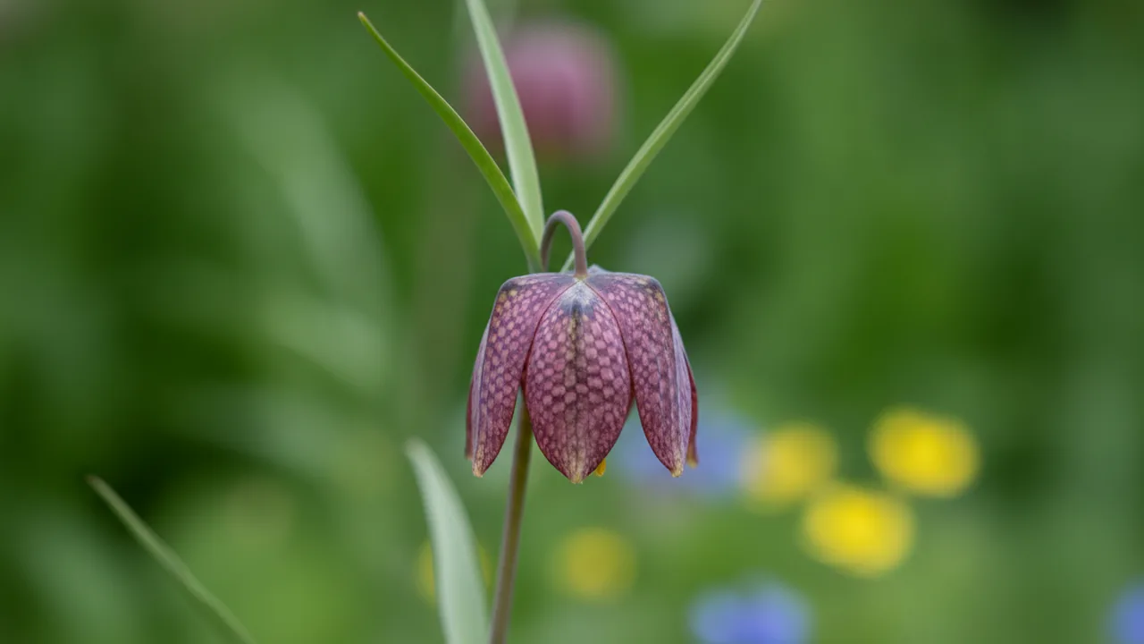 Persian Lily (Fritillaria persica) - purple flowers, illustrated plant card