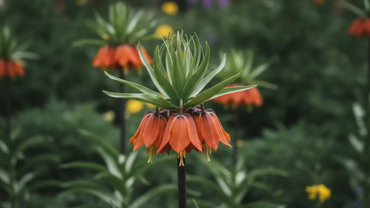 Crown Imperial Rubra (Fritillaria imperialis 'Rubra') - red flowers, illustrated plant card