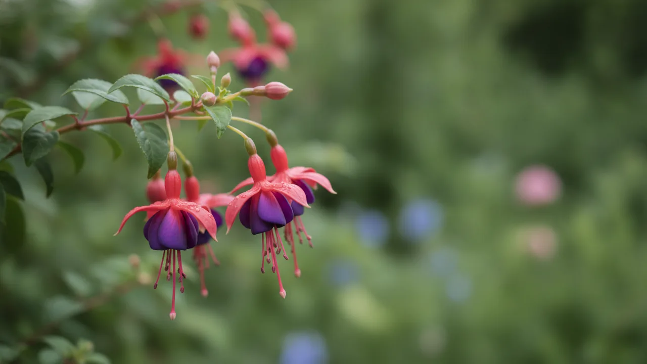 Dark Eyes (Fuchsia 'Dark Eyes') - red flowers, illustrated plant card
