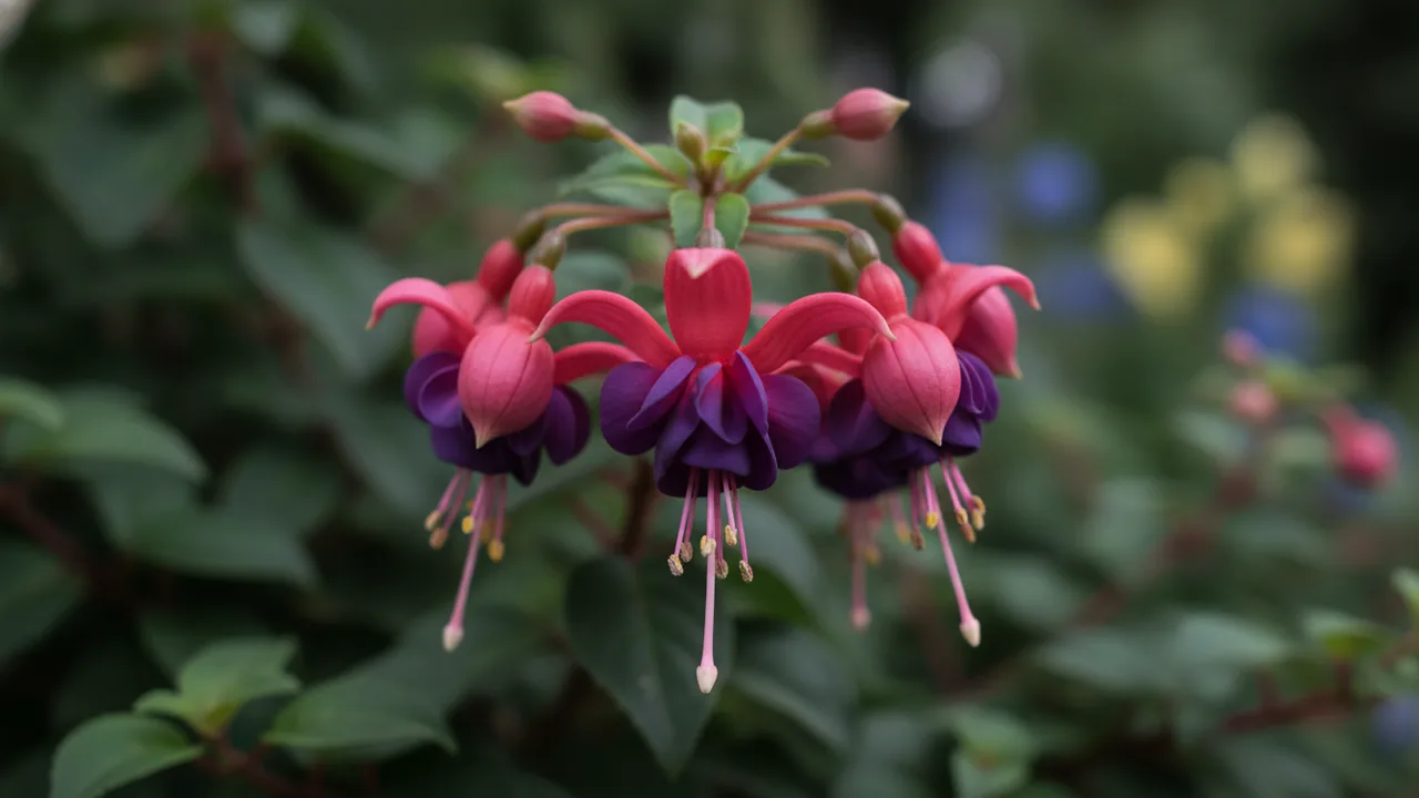 Voodoo Fuchsia (Fuchsia 'Voodoo') - purple flowers, illustrated plant card