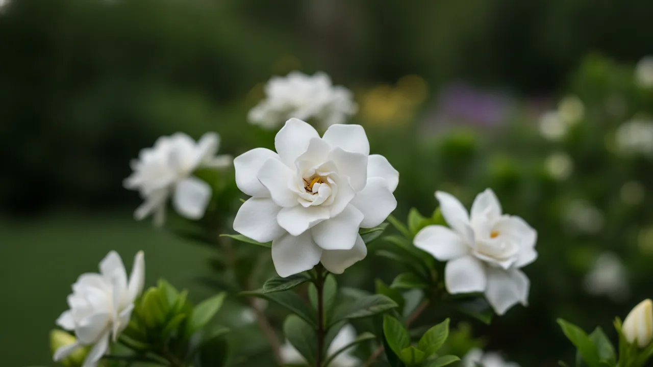 August Beauty (Gardenia jasminoides 'August Beauty') - white flowers, illustrated plant card