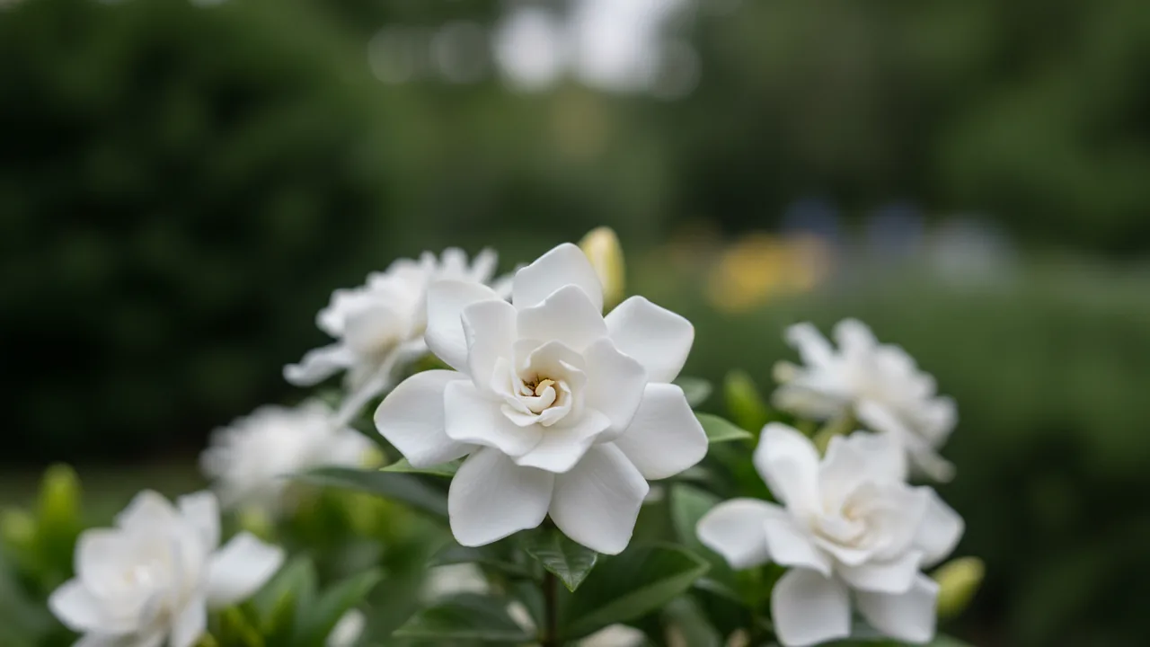 Crown Jewel (Gardenia jasminoides 'Crown Jewel') - white flowers, illustrated plant card