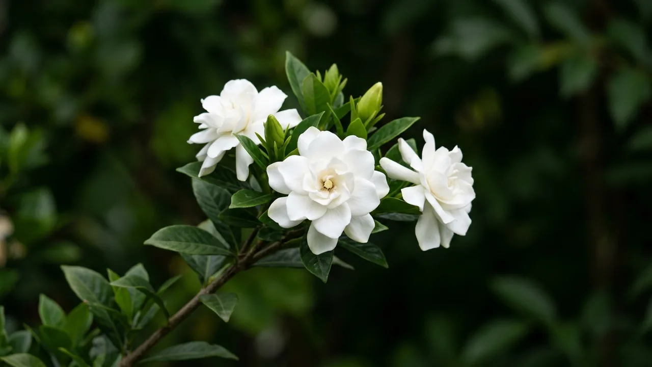 Diamond Spire Gardenia (Gardenia 'Leefive') - white flowers, illustrated plant card
