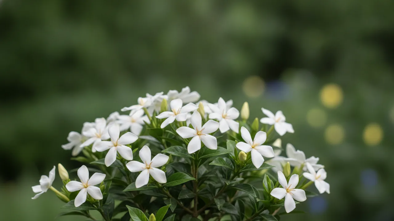 Kleim's Hardy (Gardenia jasminoides 'Kleim's Hardy') - white flowers, illustrated plant card