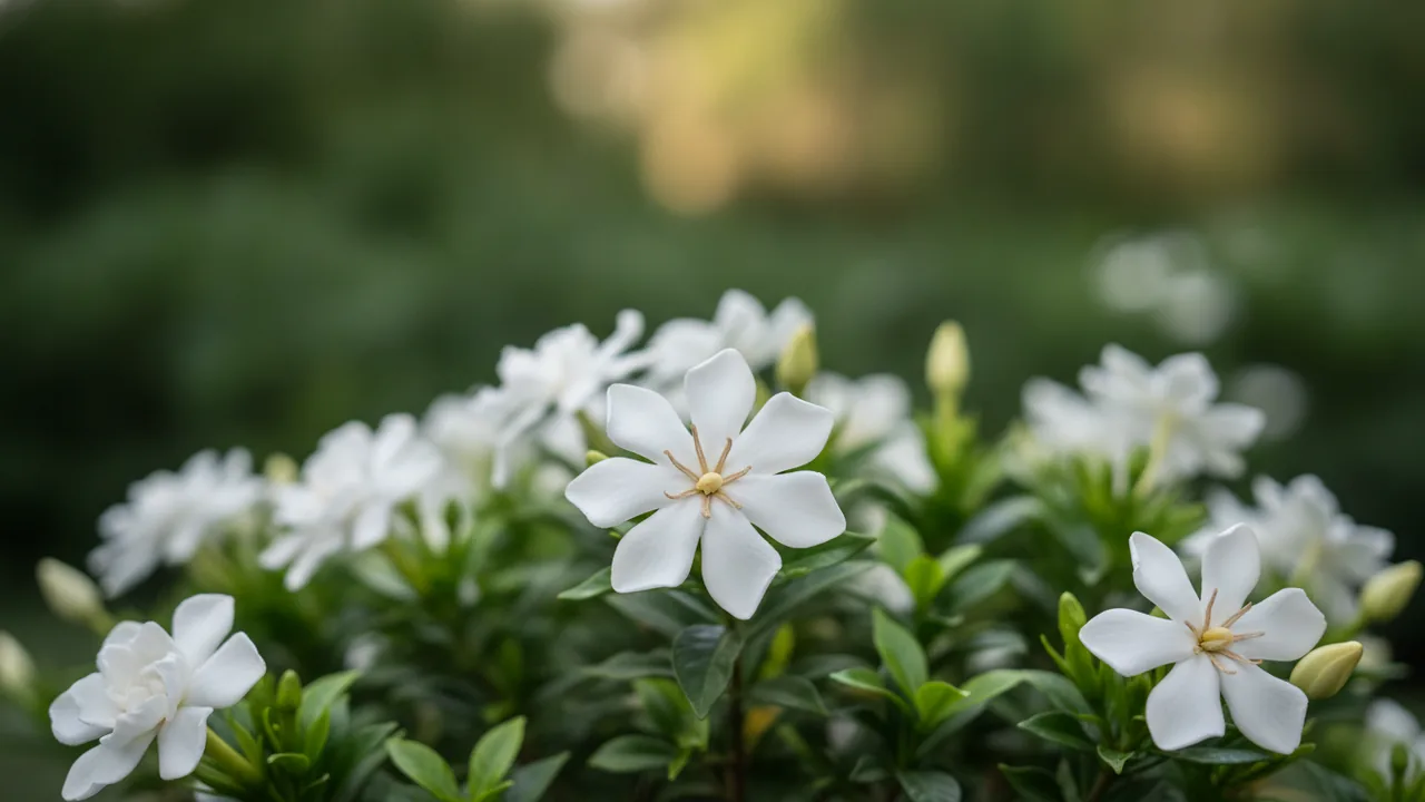 Radicans (Gardenia jasminoides 'Radicans') - white flowers, illustrated plant card