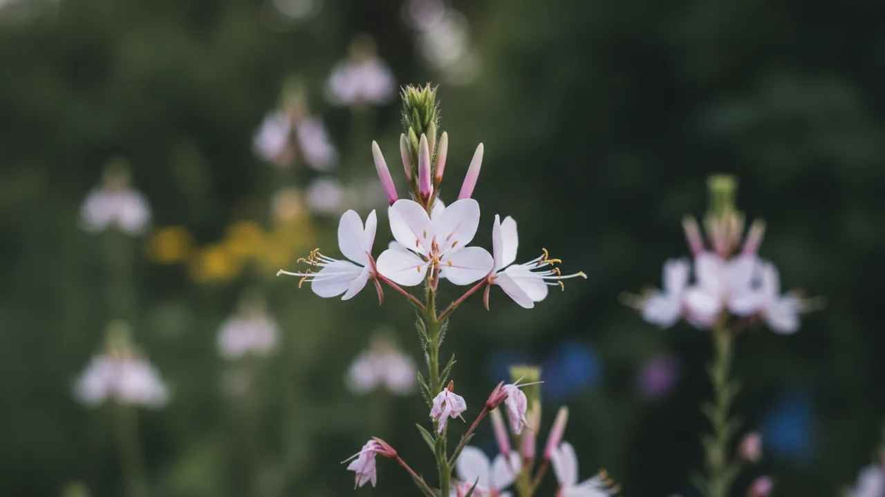 Gaura (Oenothera lindheimeri) - pink flowers, illustrated plant card