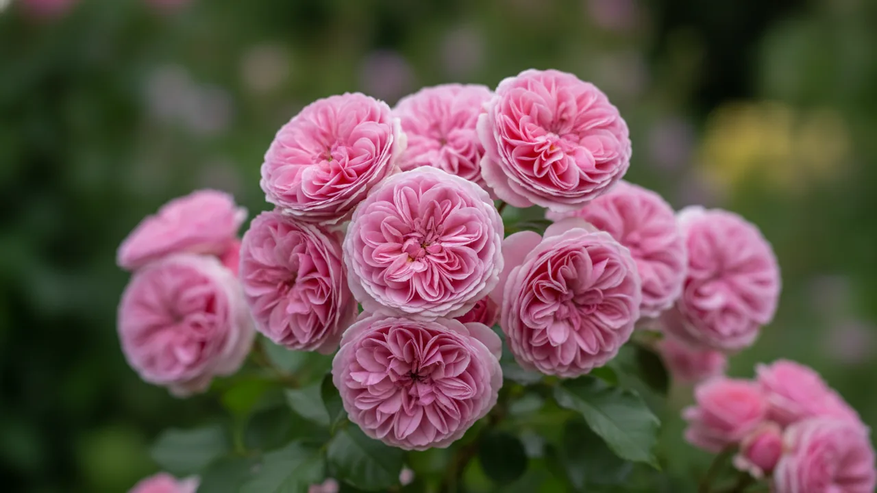 Gentle Hermione (Rosa 'Ausrumba') - pink flowers, illustrated plant card