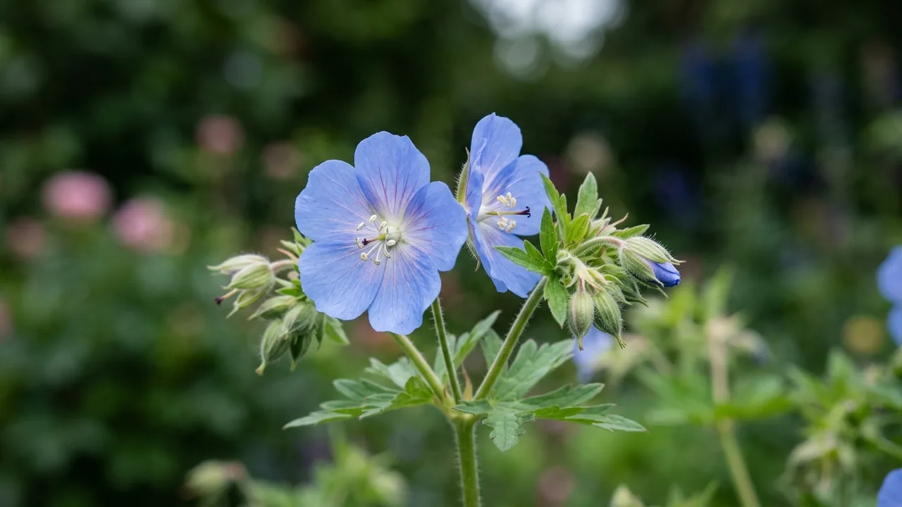 Azure Rush Geranium (Geranium 'Azure Rush') - blue flowers, illustrated plant card