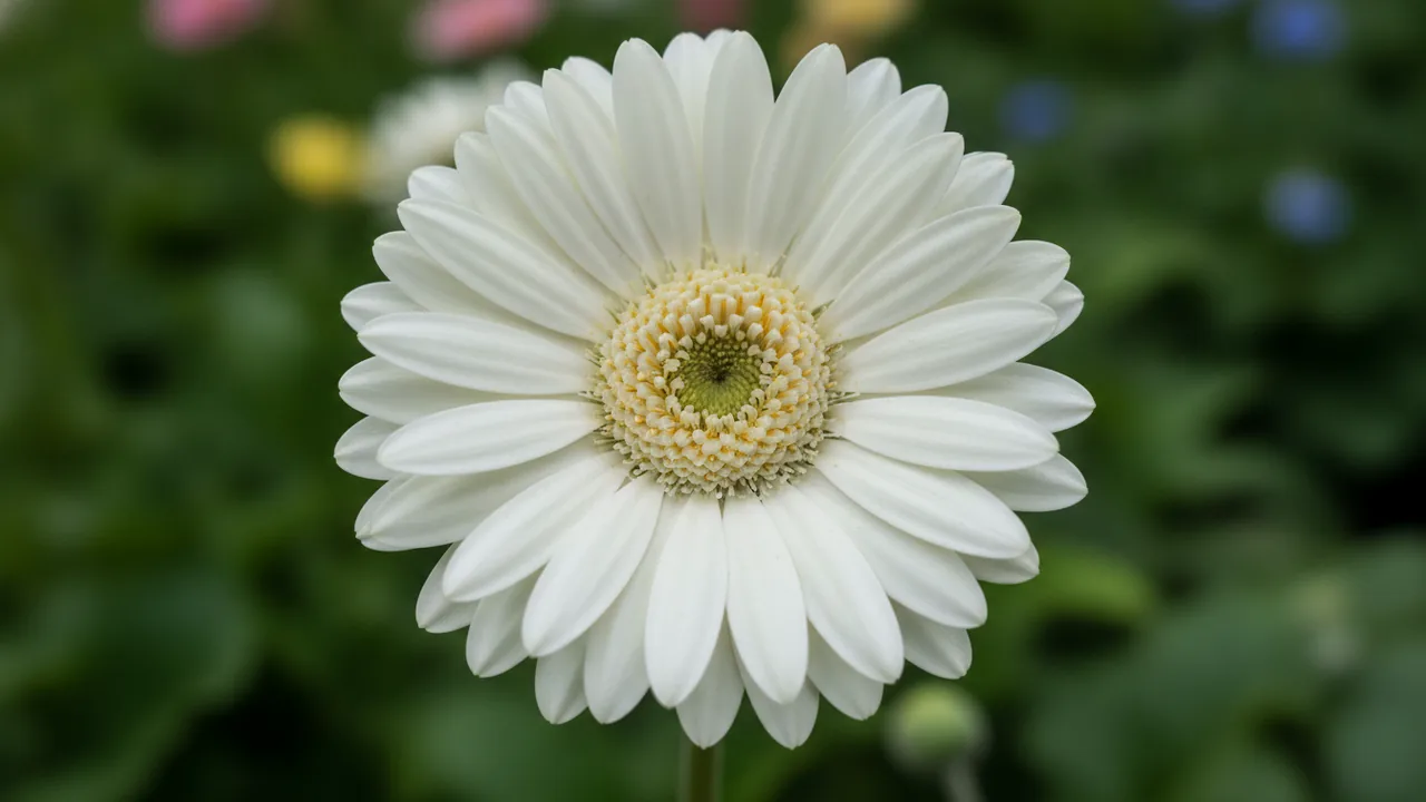 White Gerbera (Gerbera jamesonii) - white flowers, illustrated plant card