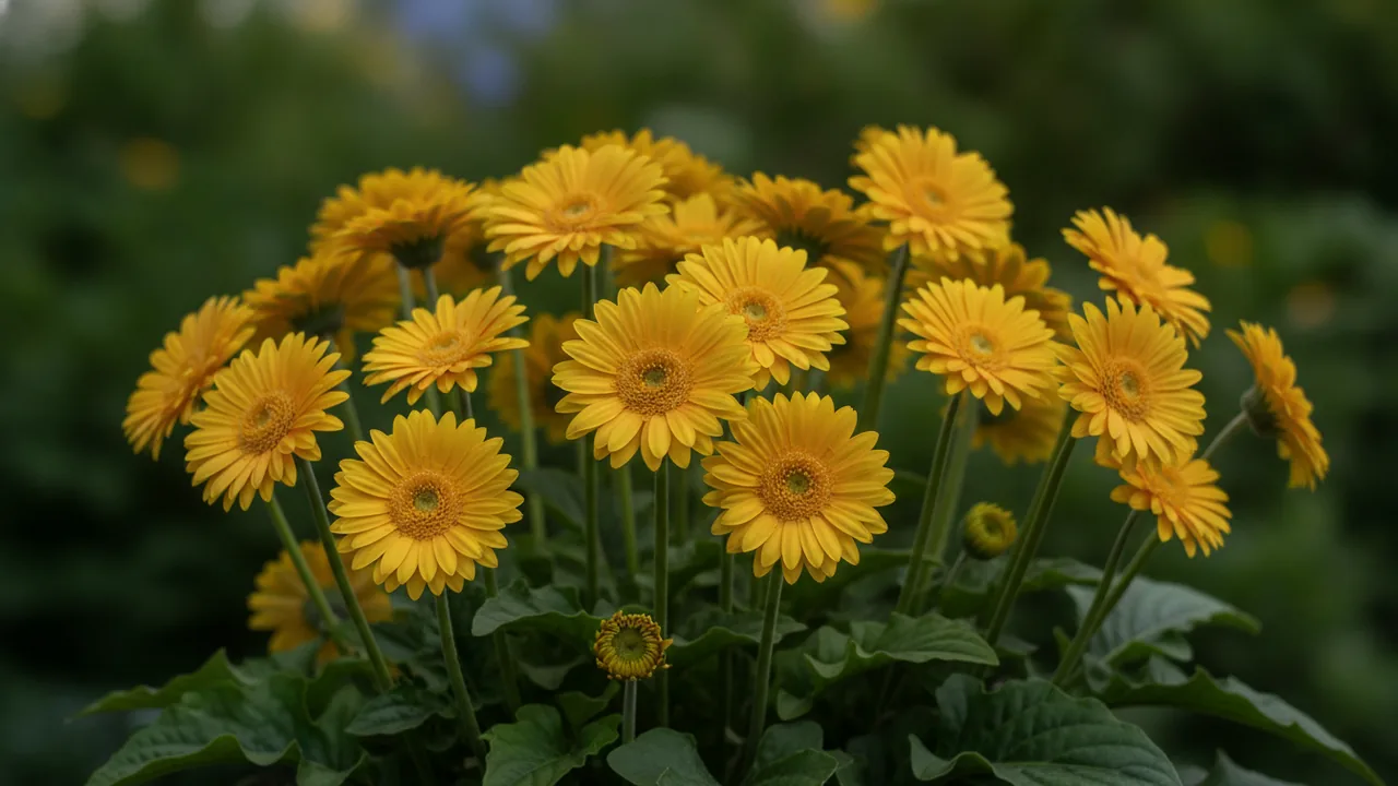 Yellow Gerbera (Gerbera jamesonii) - yellow flowers, illustrated plant card