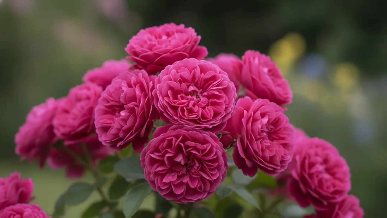 Gertrude Jekyll (Rosa 'Ausbord') - pink flowers, illustrated plant card