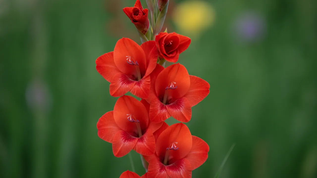Black Star (Gladiolus 'Black Star') - red flowers, illustrated plant card