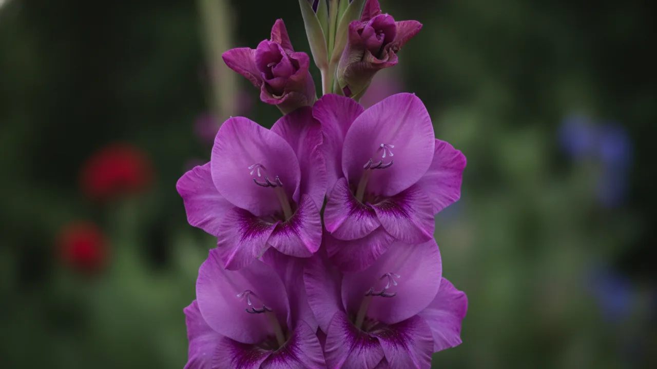 Lavender Gladiolus (Gladiolus) - purple flowers, illustrated plant card