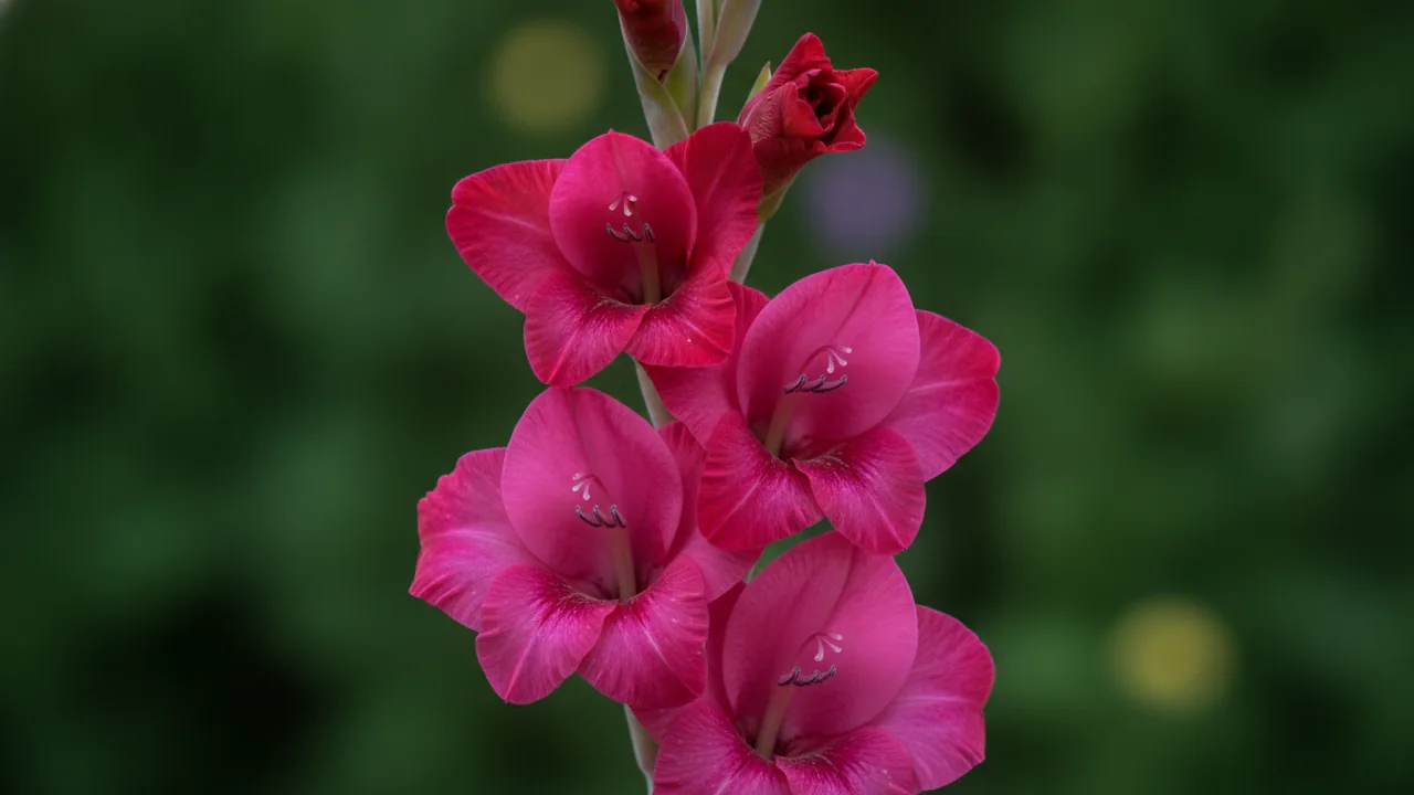 Magenta Gladiolus (Gladiolus) - pink flowers, illustrated plant card