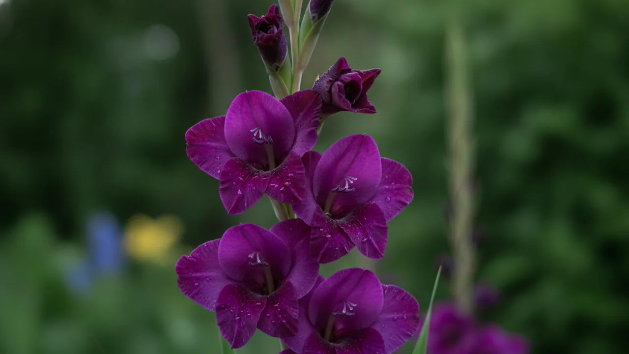 Purple Magic (Gladiolus 'Purple Magic') - purple flowers, illustrated plant card