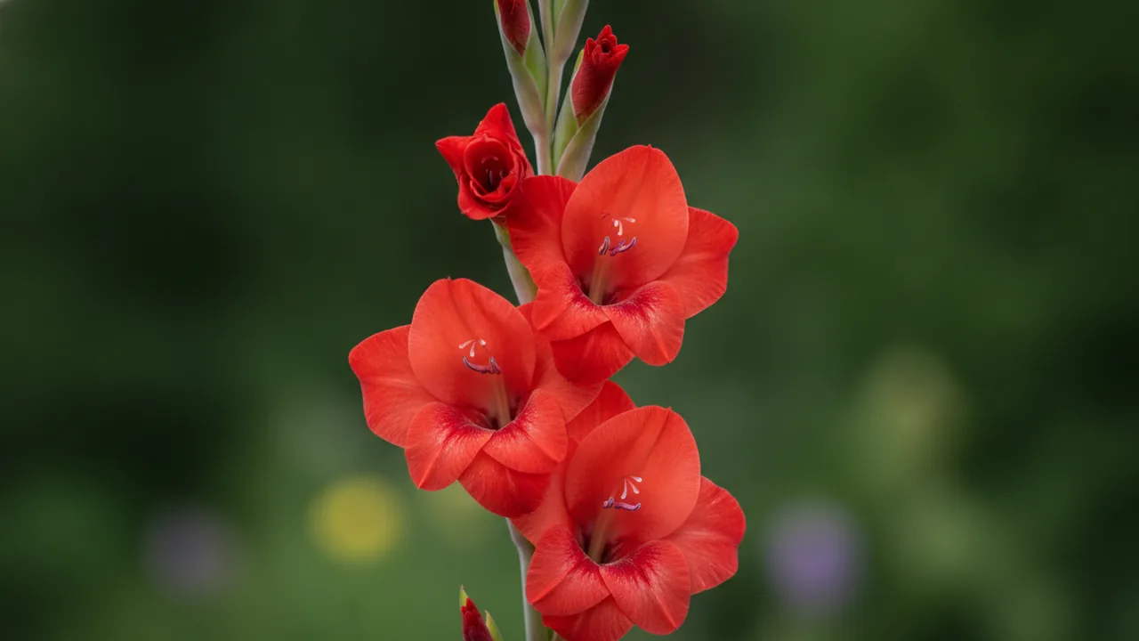 Red Gladiolus (Gladiolus) - red flowers, illustrated plant card