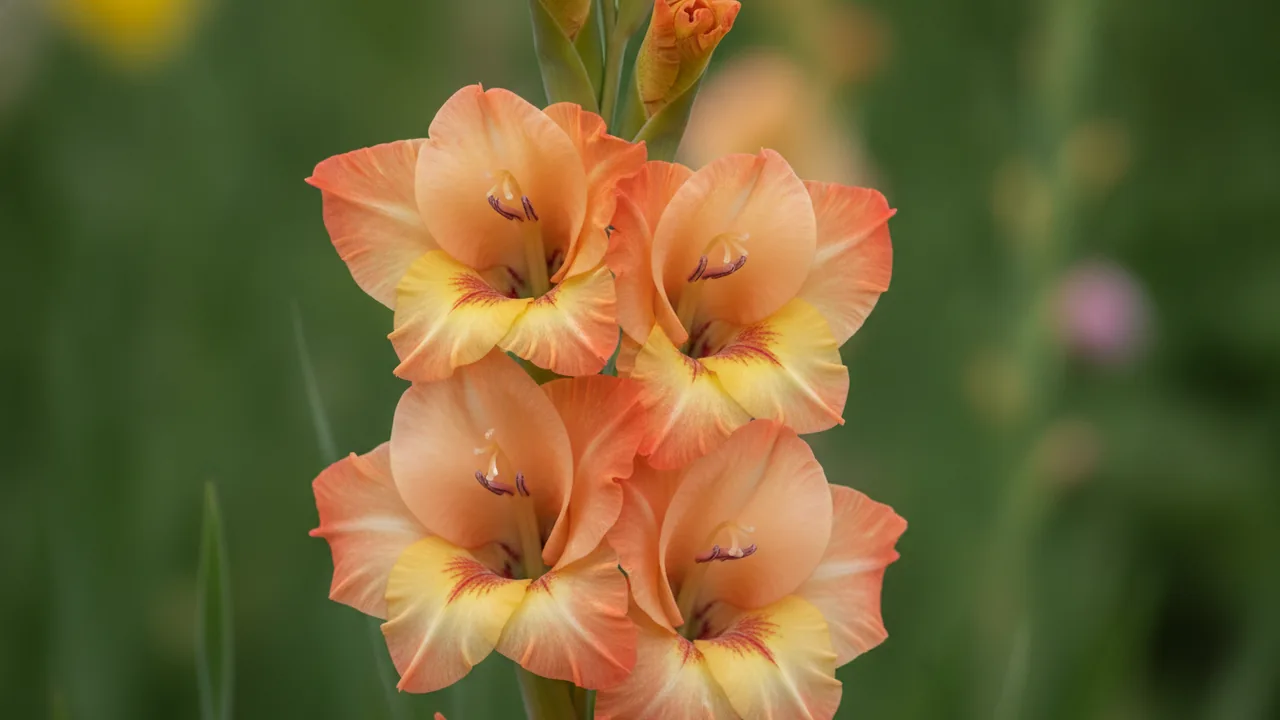 Peche Melba (Gladiolus 'Peche Melba') - orange flowers, illustrated plant card
