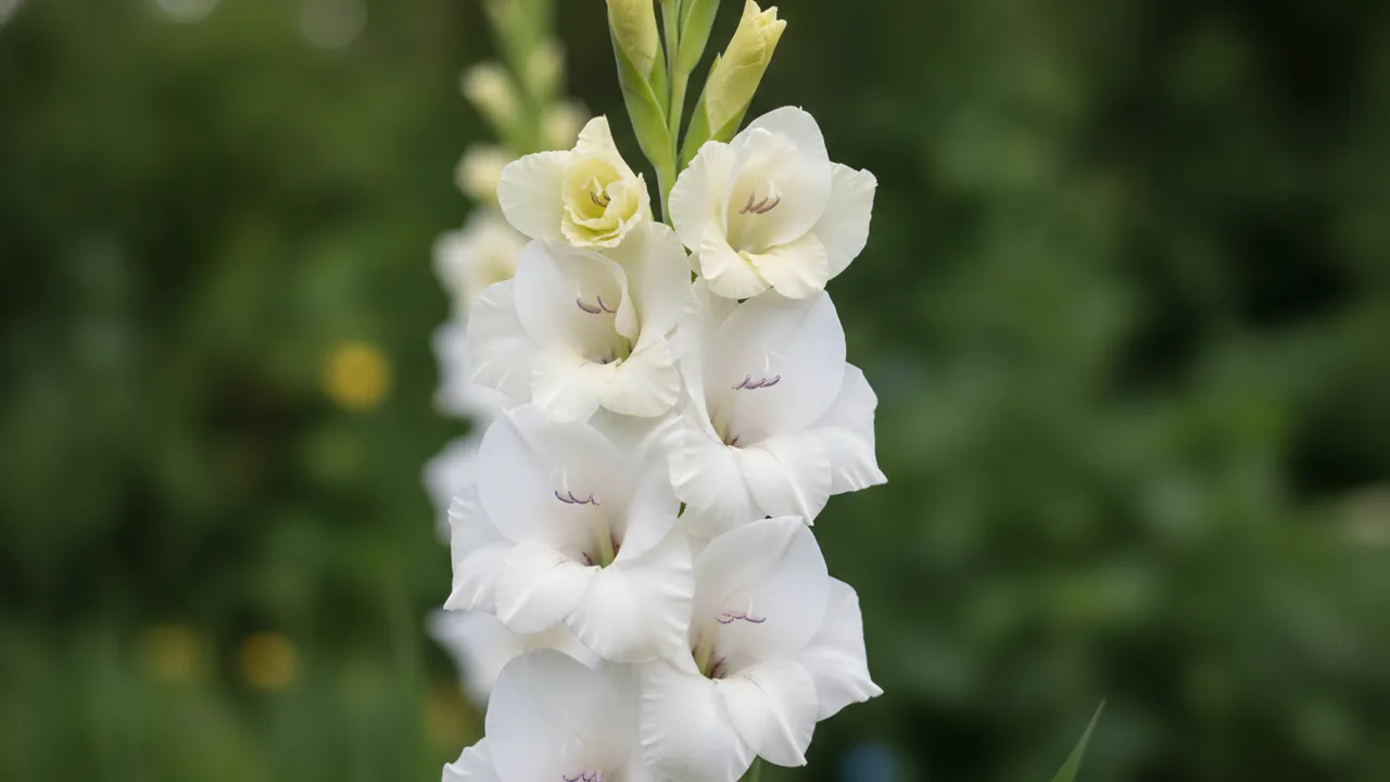 White Prosperity (Gladiolus 'White Prosperity') - white flowers, illustrated plant card