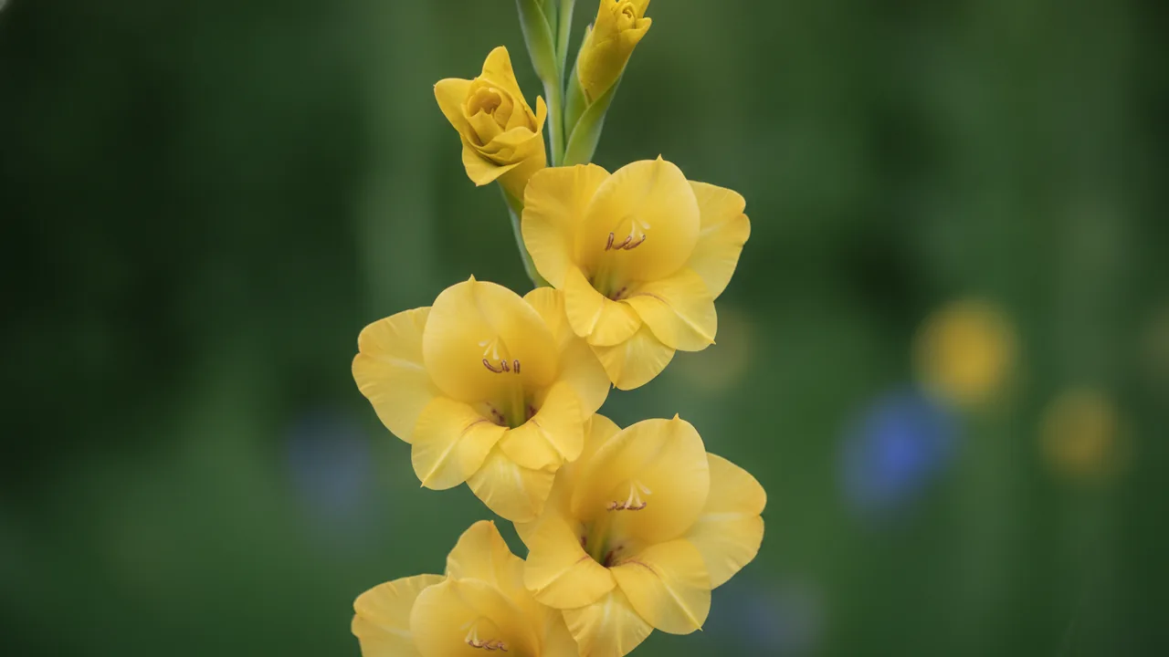 Yellow Gladiolus (Gladiolus) - yellow flowers, illustrated plant card