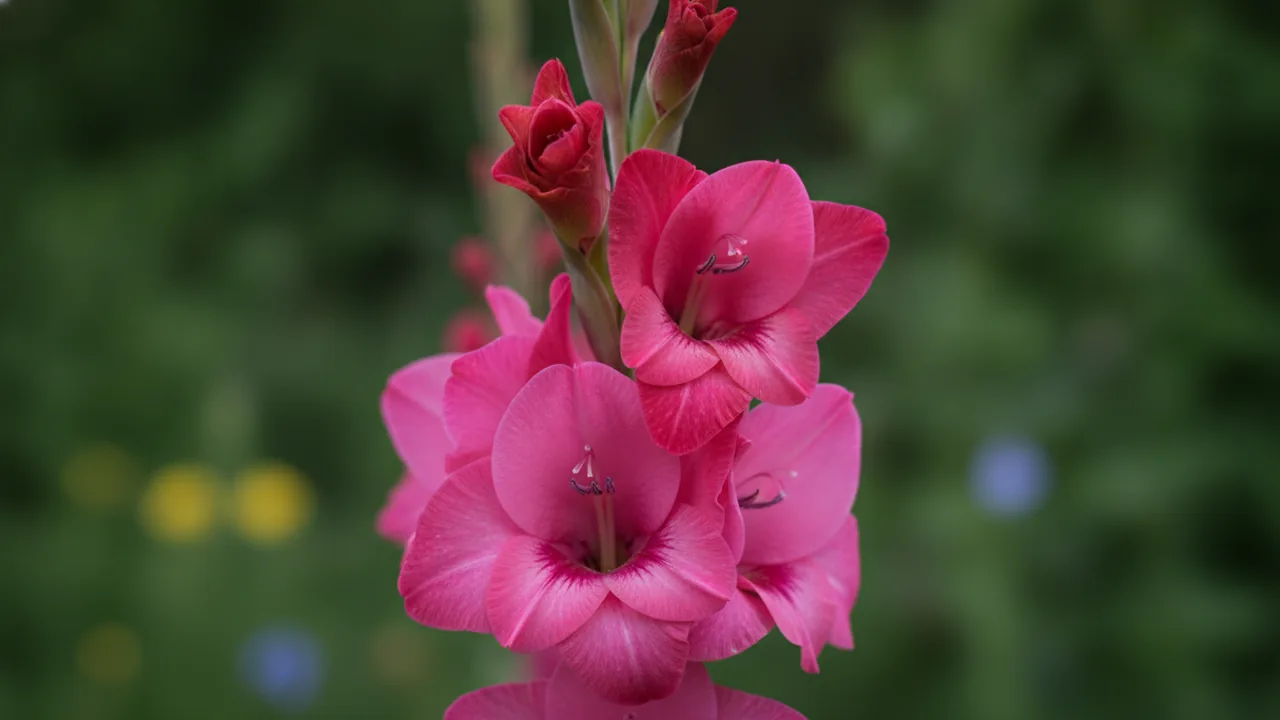 Gladiolus - pink flowers, illustrated plant card