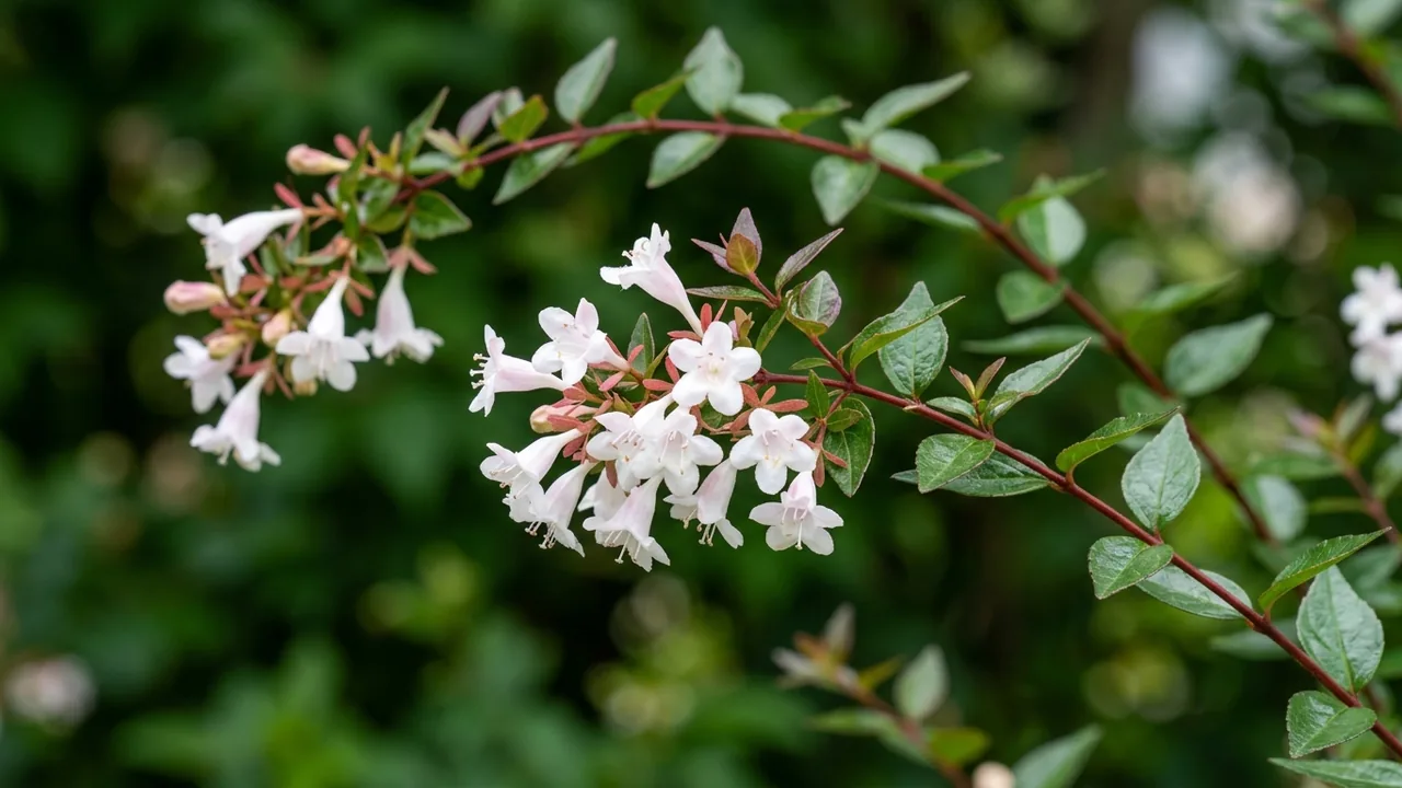 Glossy Abelia (Abelia × grandiflora) - white flowers, illustrated plant card